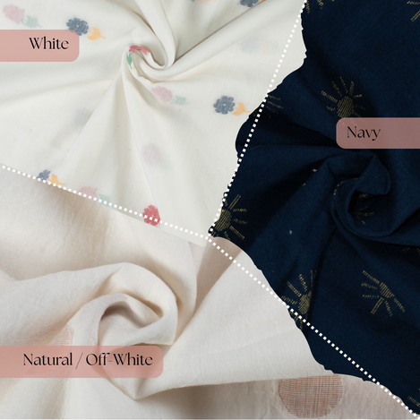 white, off-white and navy Jamdani fabrics displayed side by side