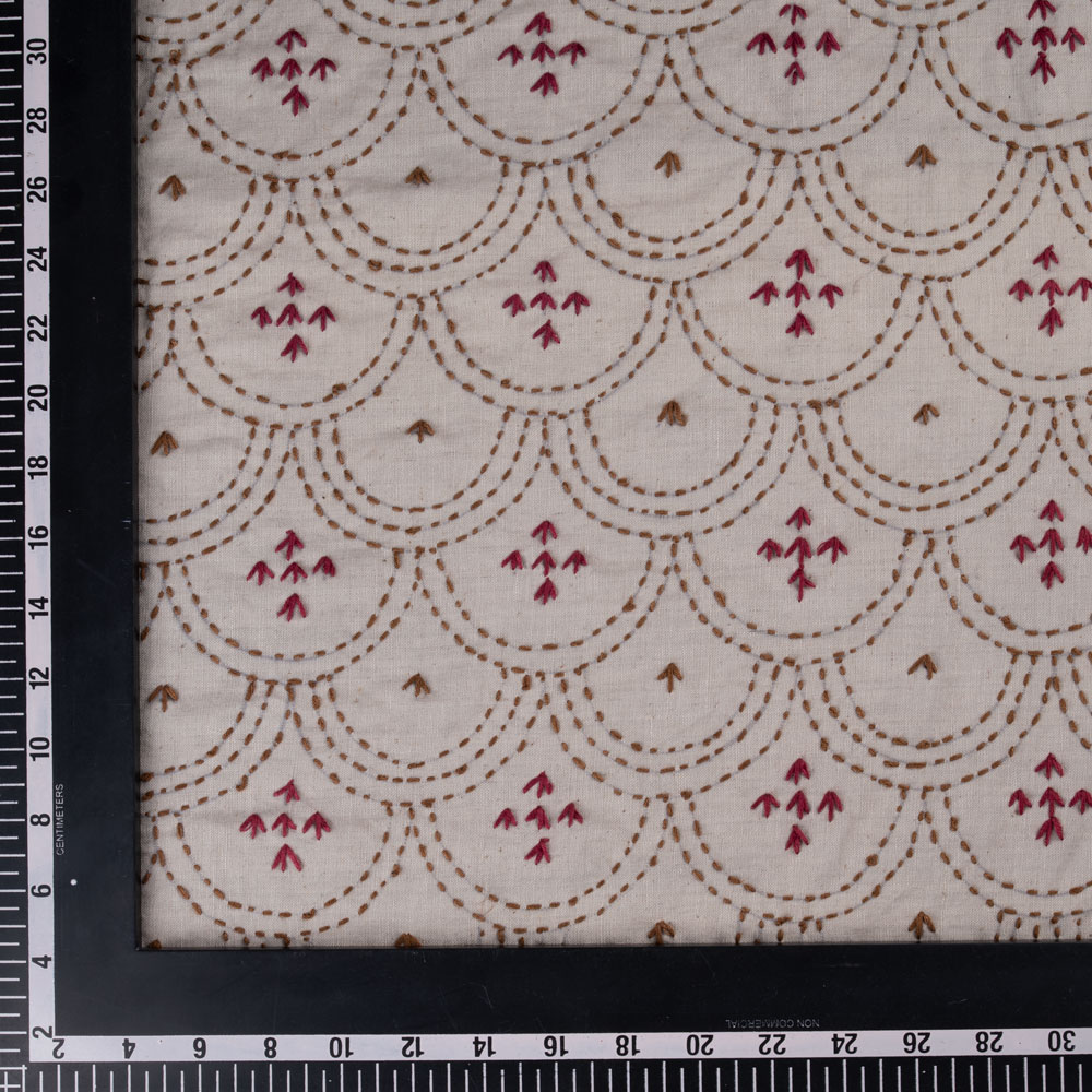 SCALLOP CREAM KANTHA EMBROIDERED KHADI COTTON 165 GSM HANDWOVEN FABRIC