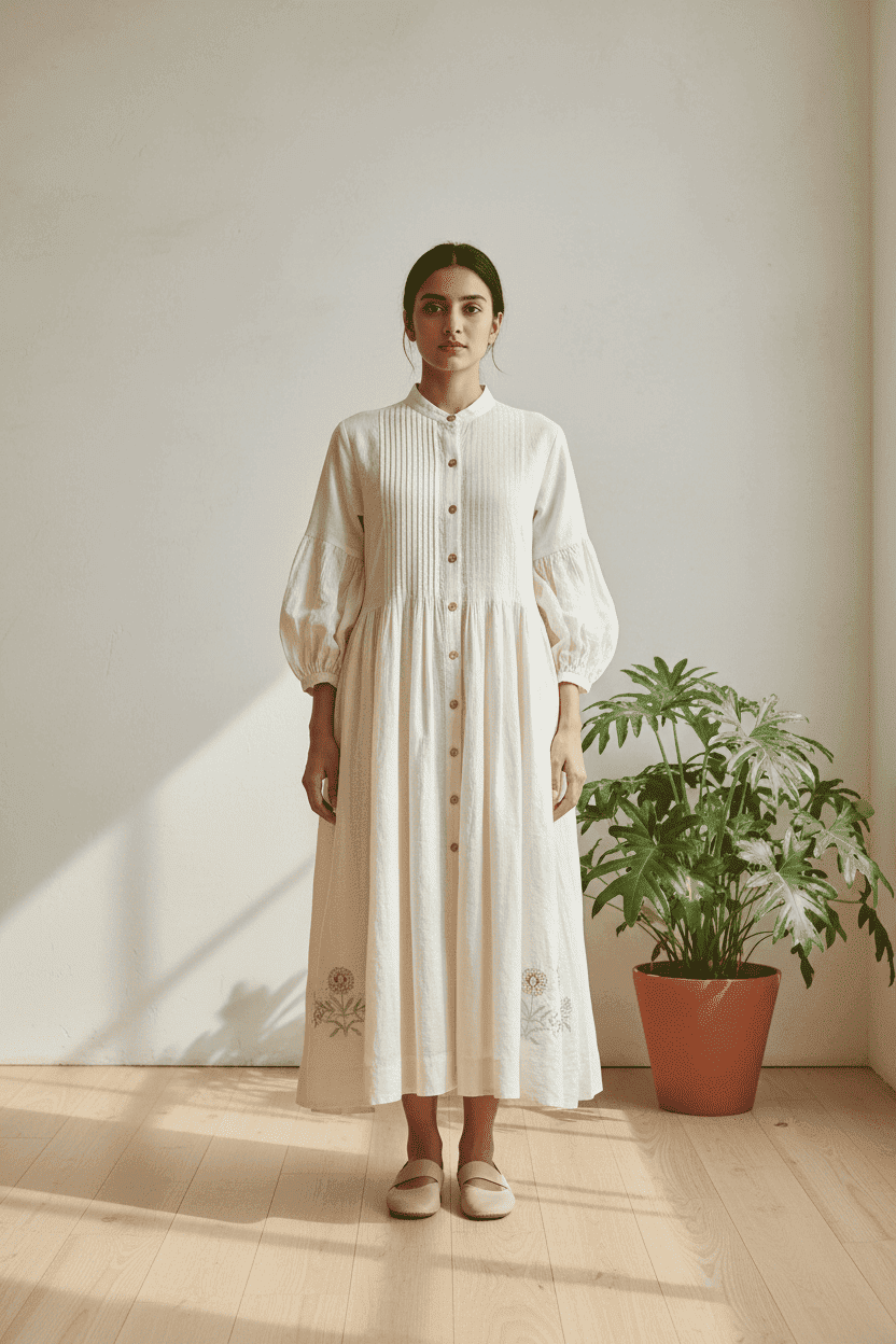 Bishop Sleeved Midi Embroidered Dress