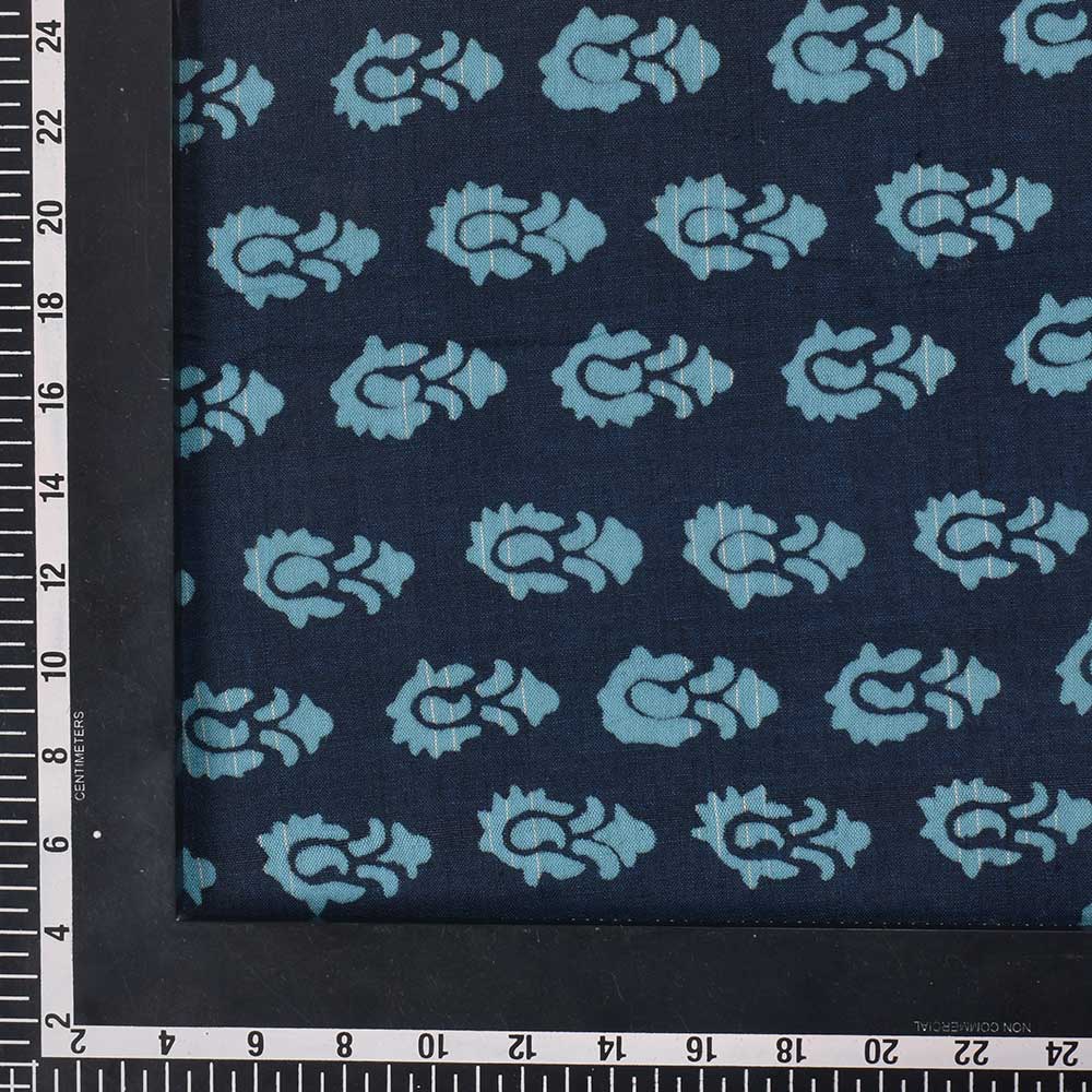 ABSTRACT BLUE DISCHARGE BLOCK PRINTED PURE COTTON 88 GSM HANDWOVEN FABRIC