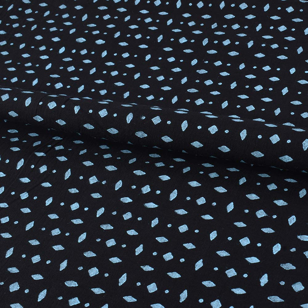 ABSTRACT BLUE BLOCK PRINTED PURE COTTON 65 GSM HANDWOVEN FABRIC