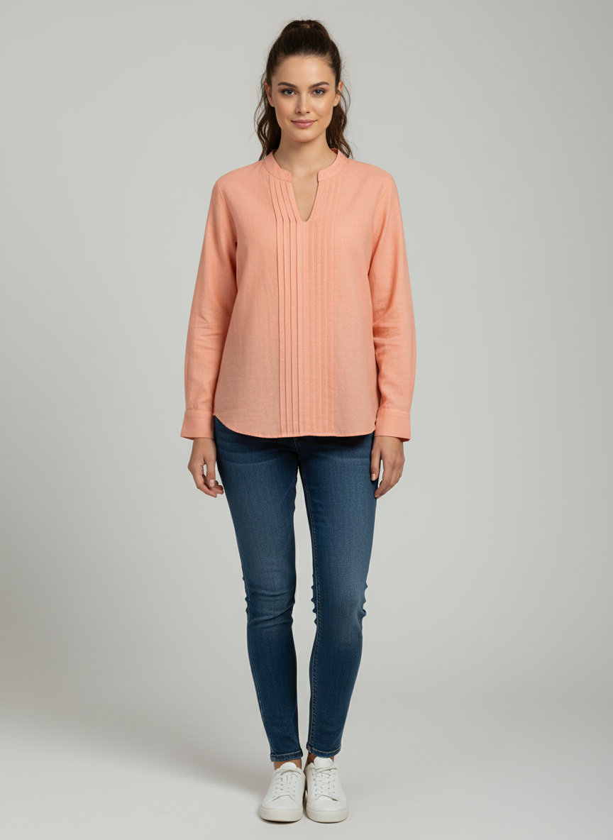 Band Collared Shirt-Pin Tucks Pleats-Full Sleeves