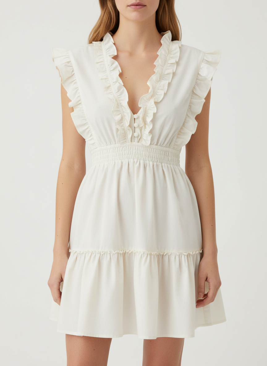 Ruffled Deep V Neck Gathered Dress