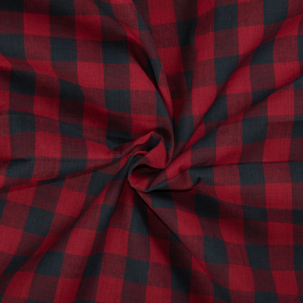 Check Red Dark Grey Pure Cotton 70 GSM Handwoven Fabric 