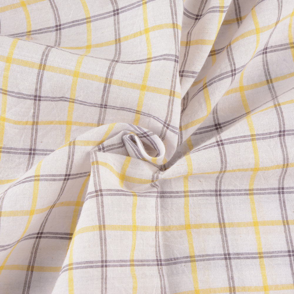 Check Yellow Black & White 60 GSM Handwoven Cotton Fabric