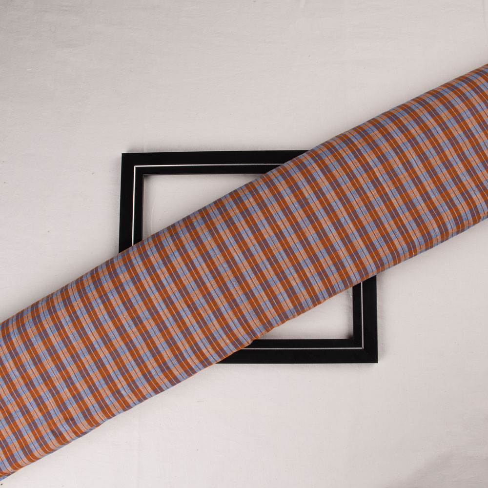 Check Orange & Blue Pure Cotton 94 GSM Handwoven Fabric