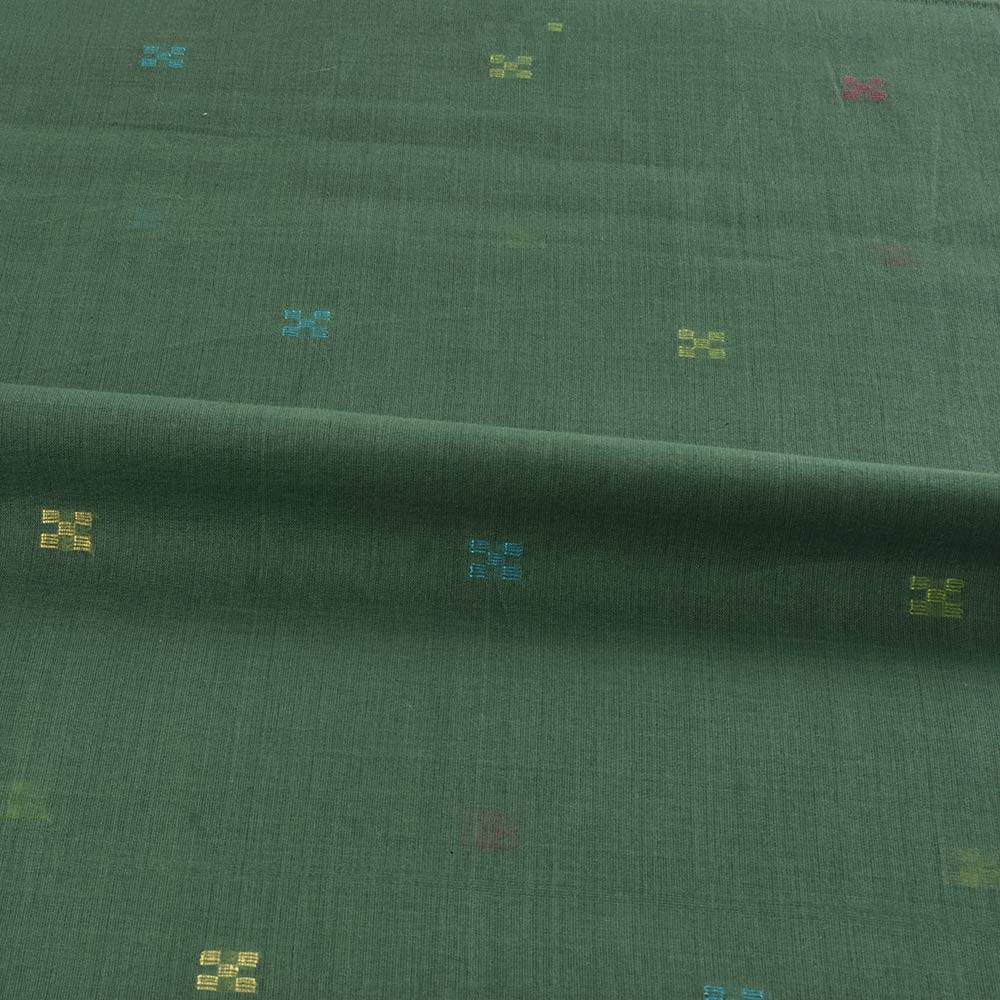 Vibrant green Jamdani fabric featuring a bold geometric pattern