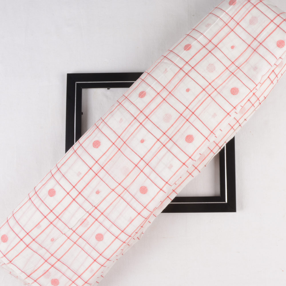 Check Red & White Jamdani Pure Handwoven Cotton 55 GSM Fabric