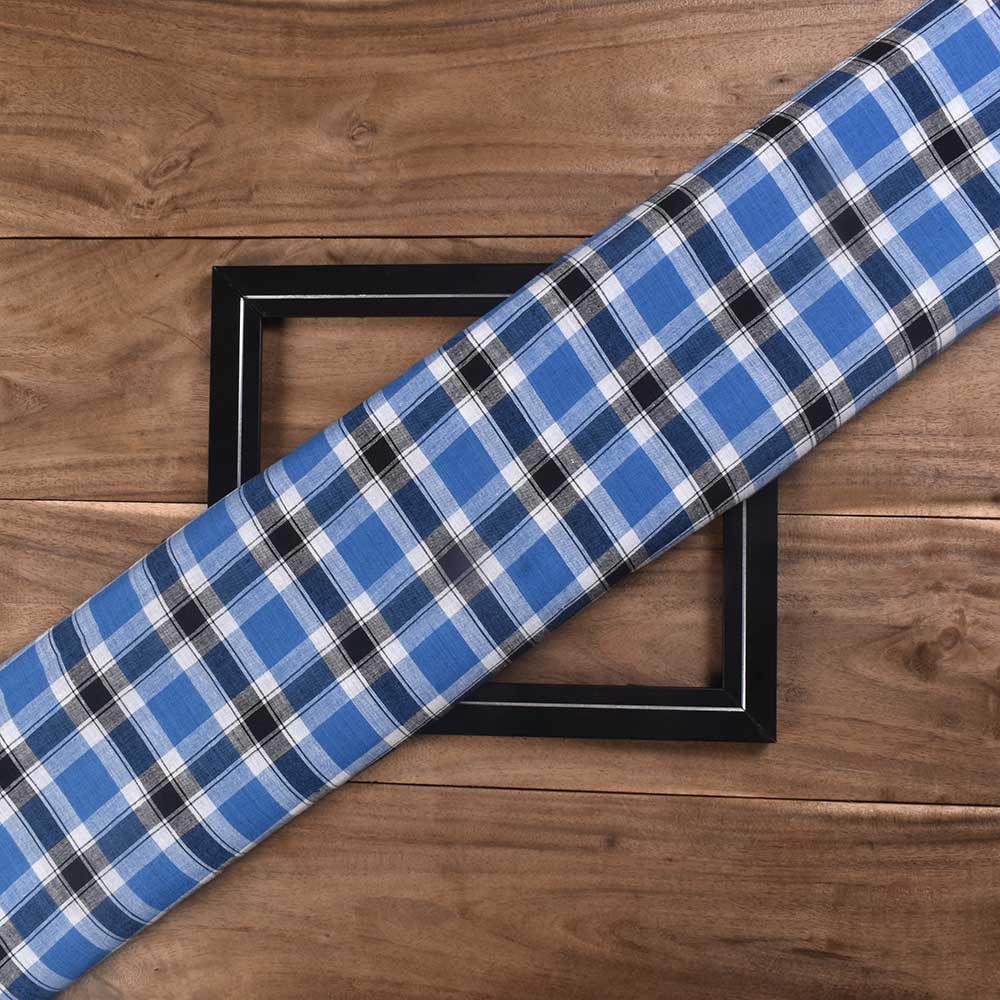 CHECK BLUE & BLACK PURE COTTON 108 GSM HANDWOVEN FABRIC