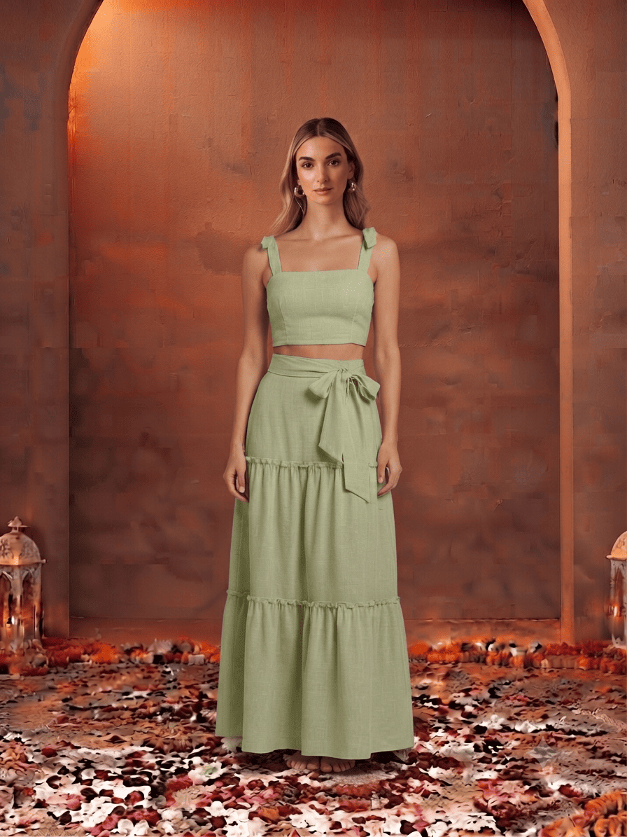 Cropped Top & Long Bow Tied Skirt Co-ord Set