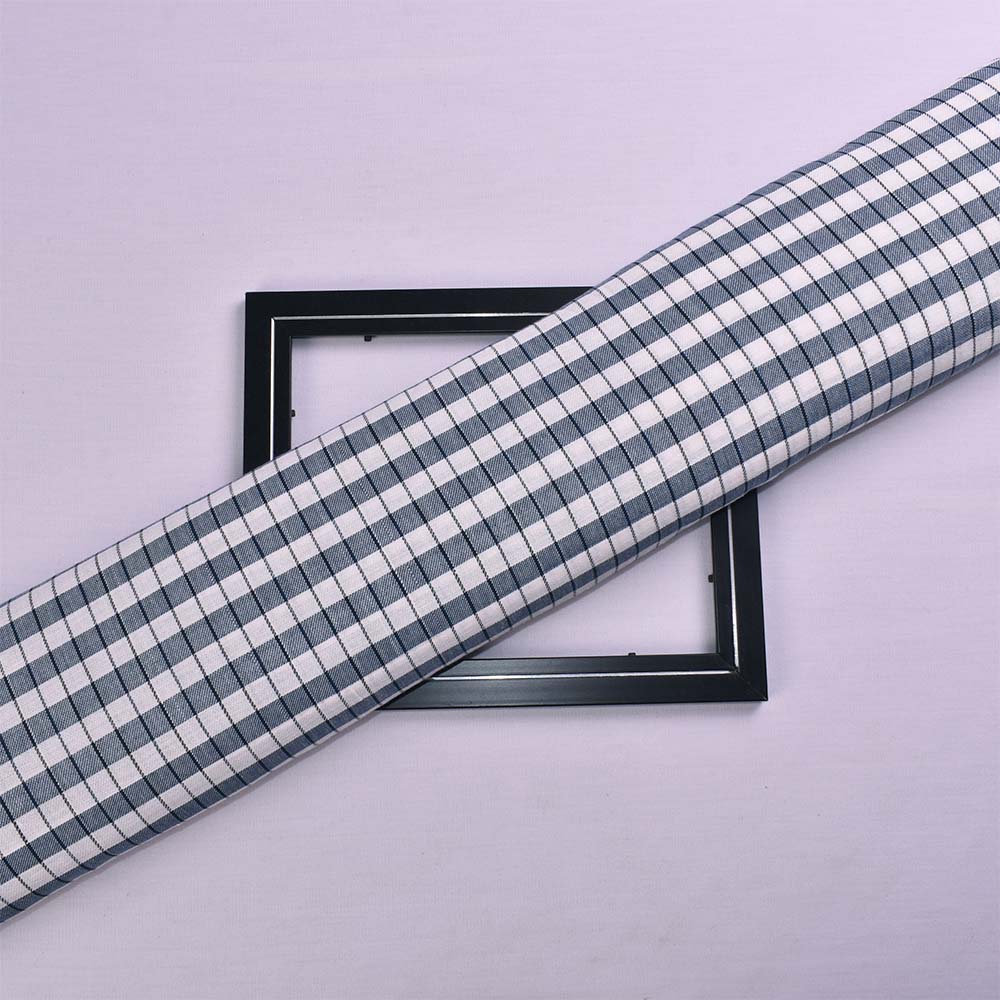Check Twill Blue White Khadi Cotton 110 GSM Handwoven Brocade Fabric