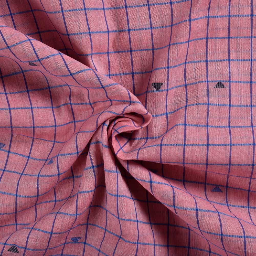 Geometric Check Pink & Blue Jamdani Pure Cotton 54 GSM Handwoven Fabric