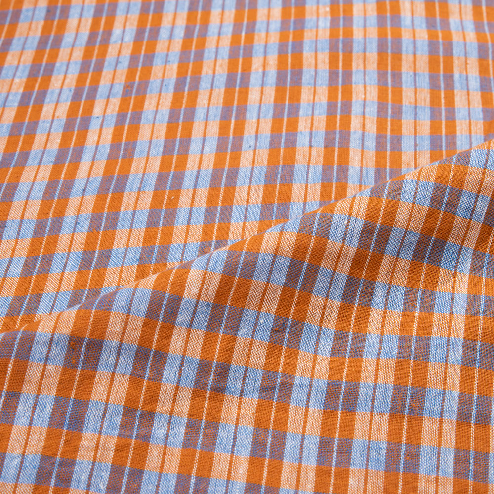 CHECK ORANGE & BLUE PURE COTTON 92 GSM HANDWOVEN FABRIC 260