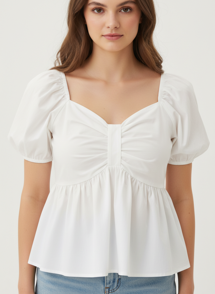 Sweetheart Neck Gathered Sleeve Peplum Top