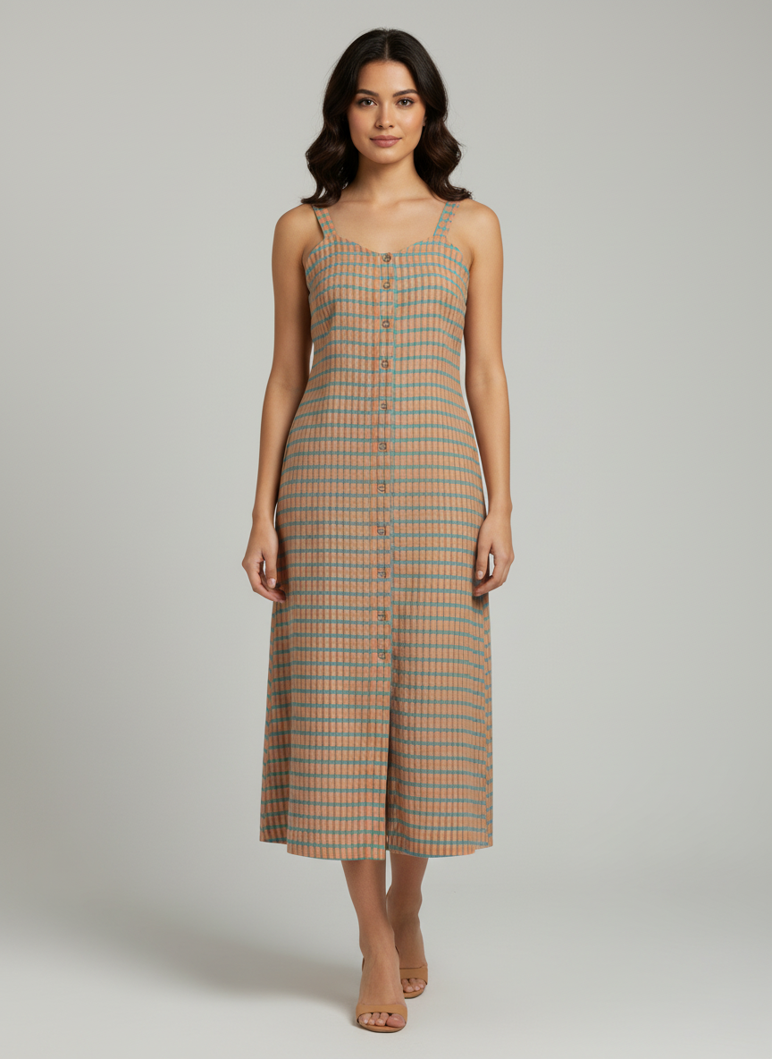 Three Forth Front Opening Dress-Continuous Center Placket