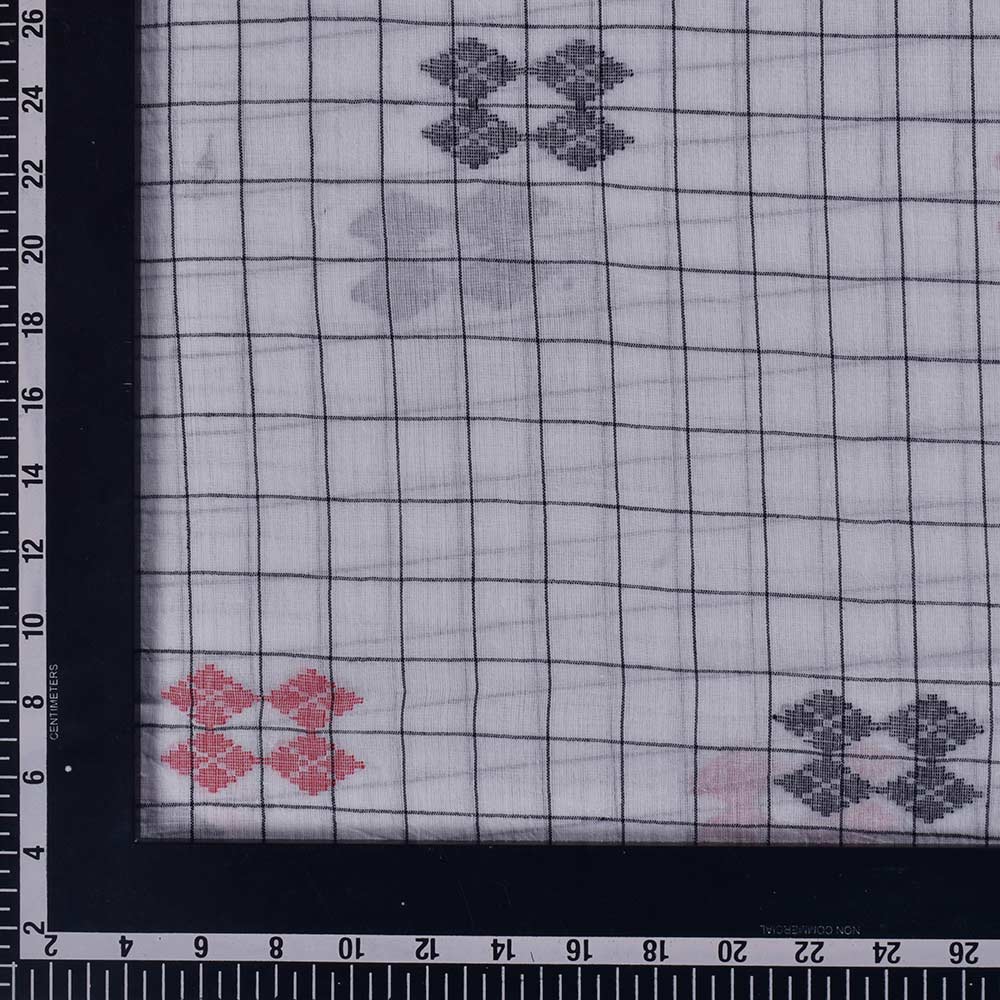 GEOMETRIC CHECK WHITE & BLACK JAMDANI PURE COTTON 56 GSM HANDWOVEN FABRIC