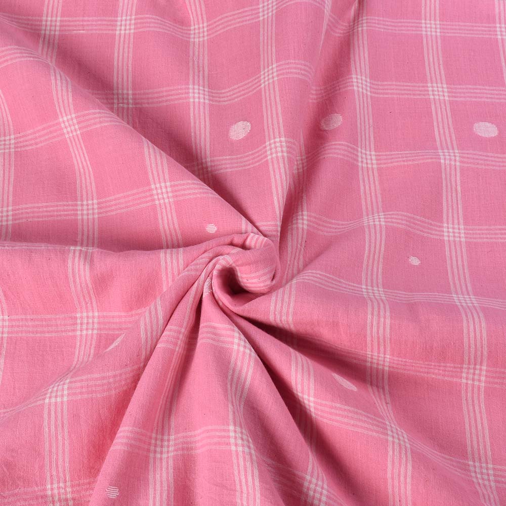 Check Pink White Jamdani Pure Cotton 65 GSM Handwoven Fabric