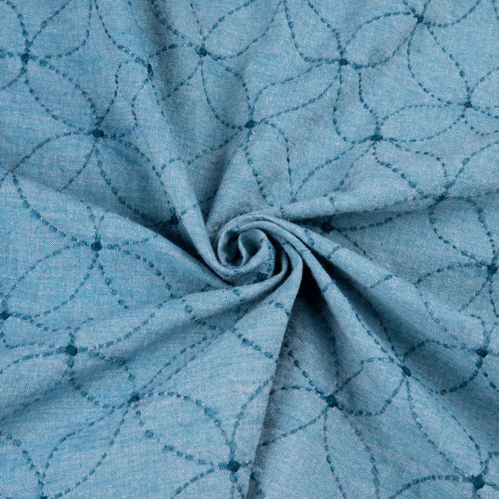 Geometrc Blue Kantha Embroidered Khadi Cotton 152 GSM Handwoven Fabric