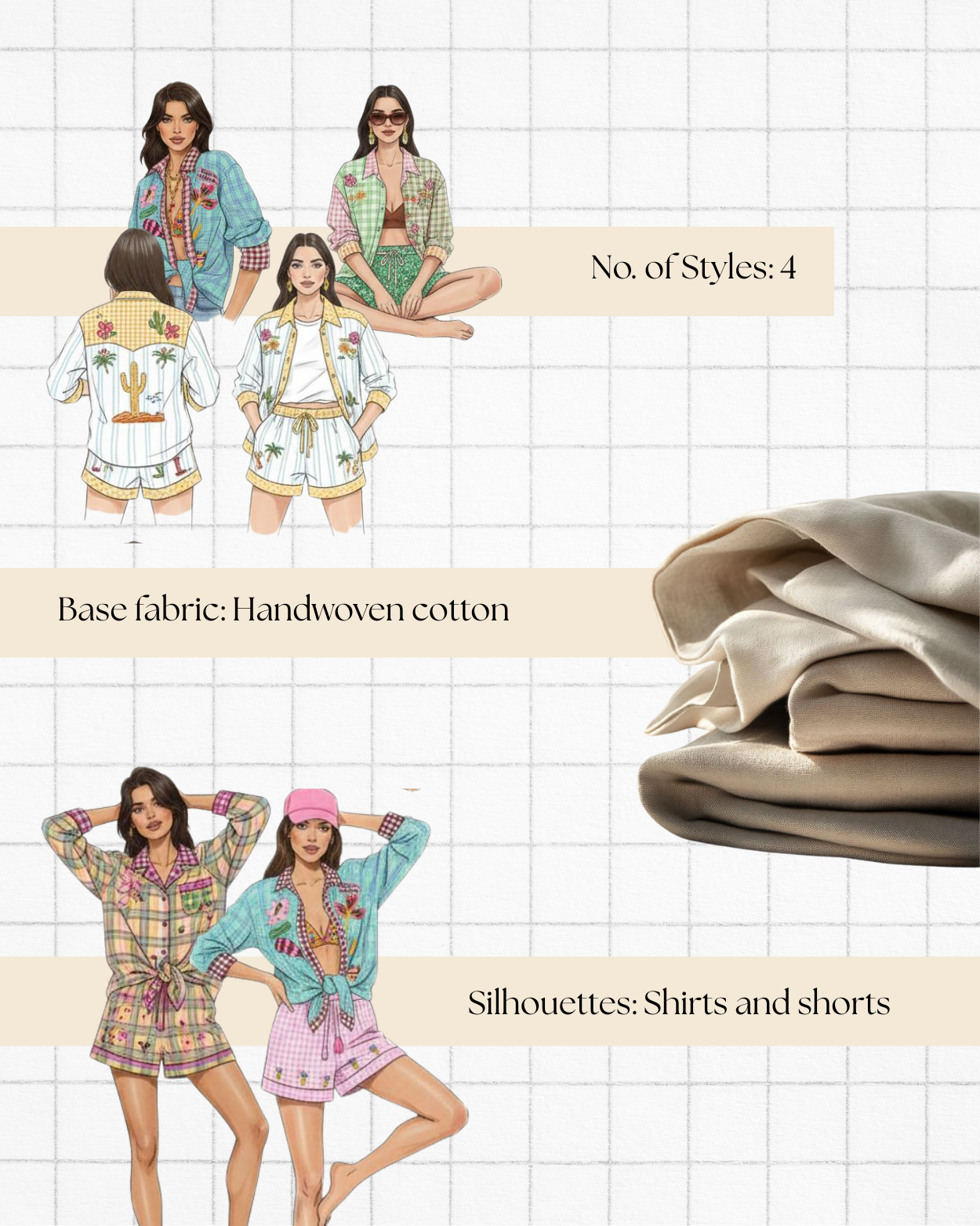 Apparel design sketches planning for a small womenswear collection, showing garment illustrations, silhouette development, and sketching during the apparel sampling stage.