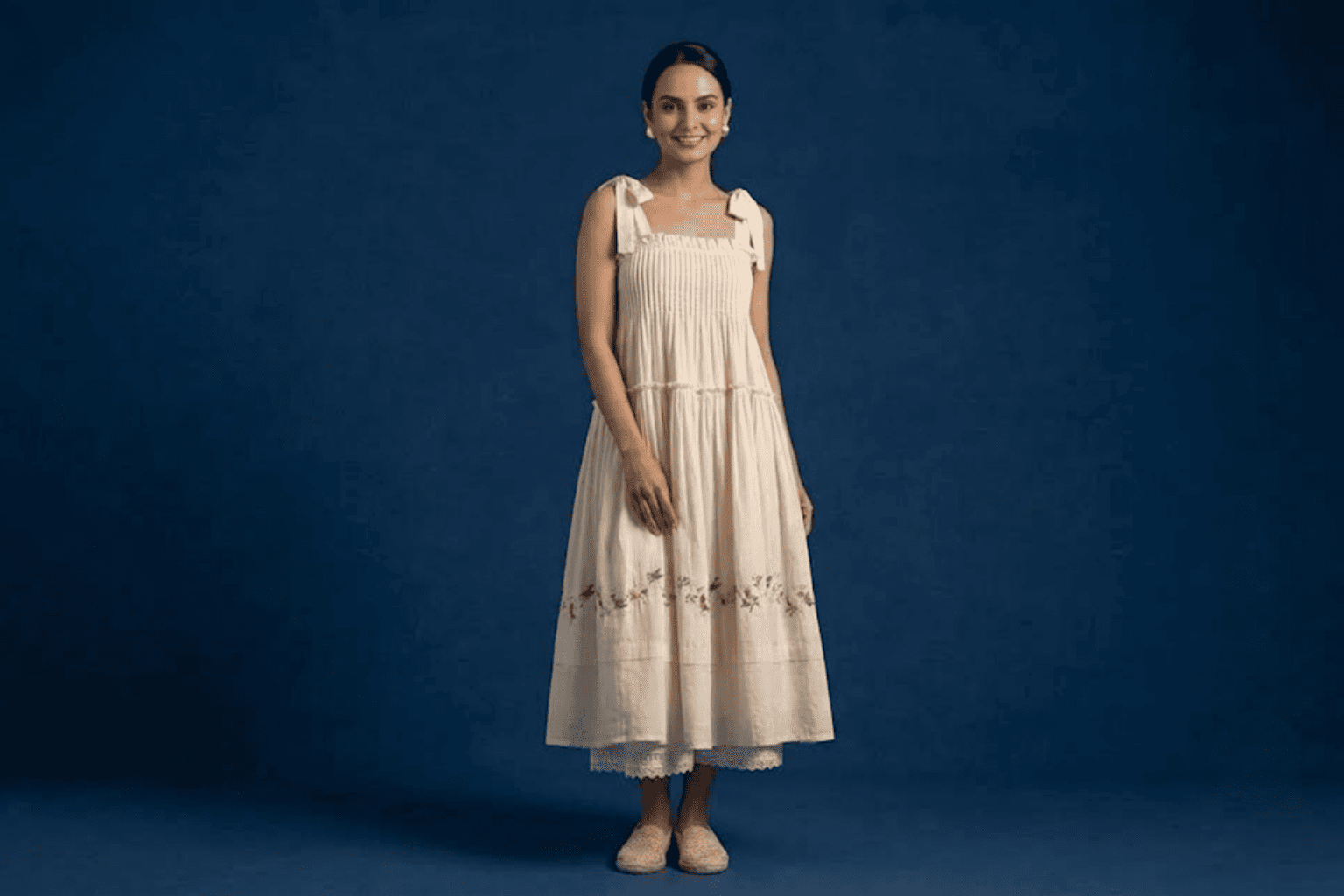 Embroidered tucks and gathers midi dress for a festive Durga Puja look