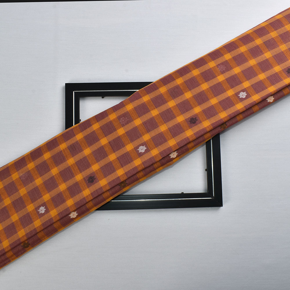 Check Brown Yellow Jamdani Pure Cotton 60 GSM Handwoven Fabric 317