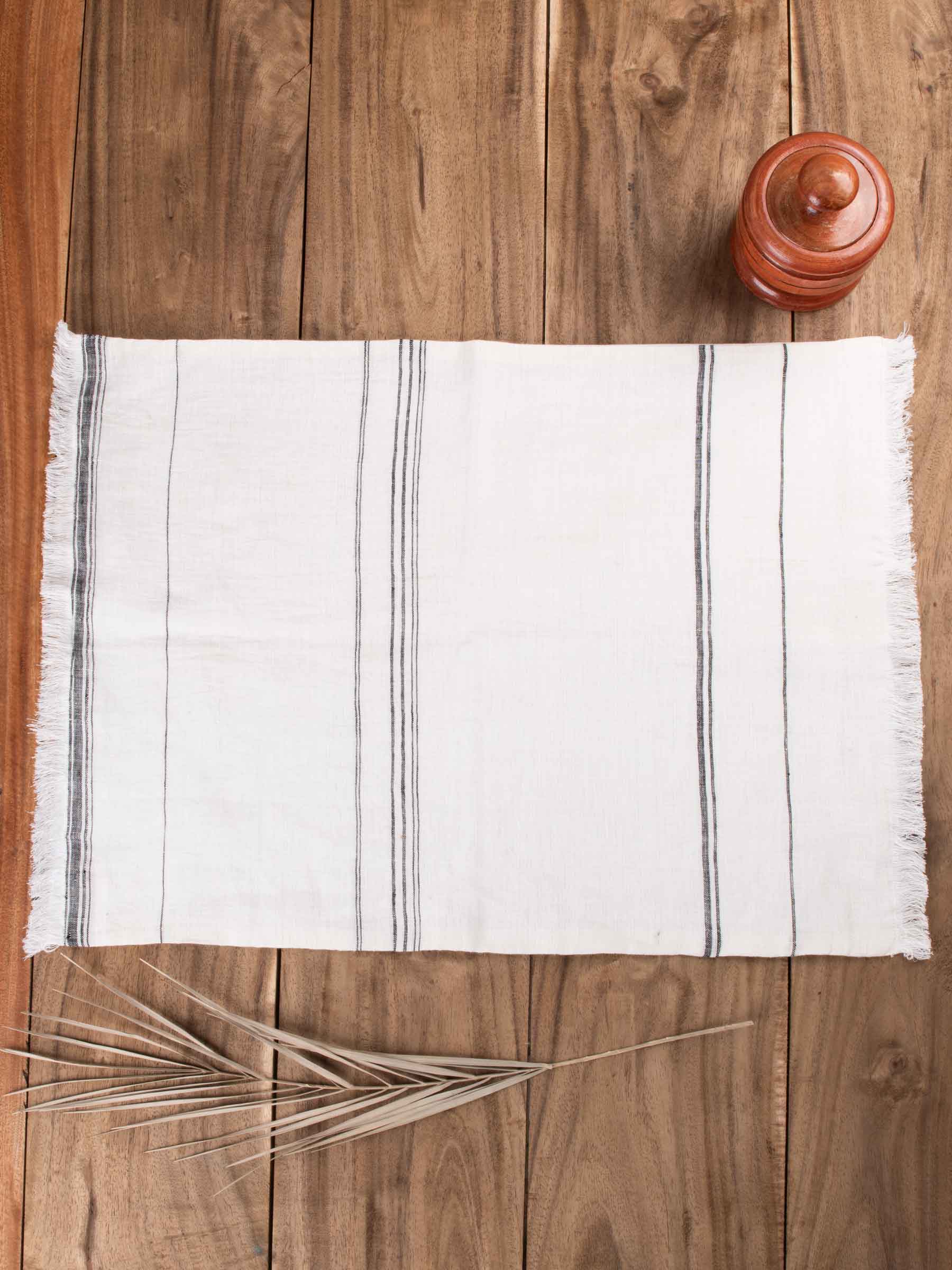 White & Black Striped Handwoven Pure Linen Placemat