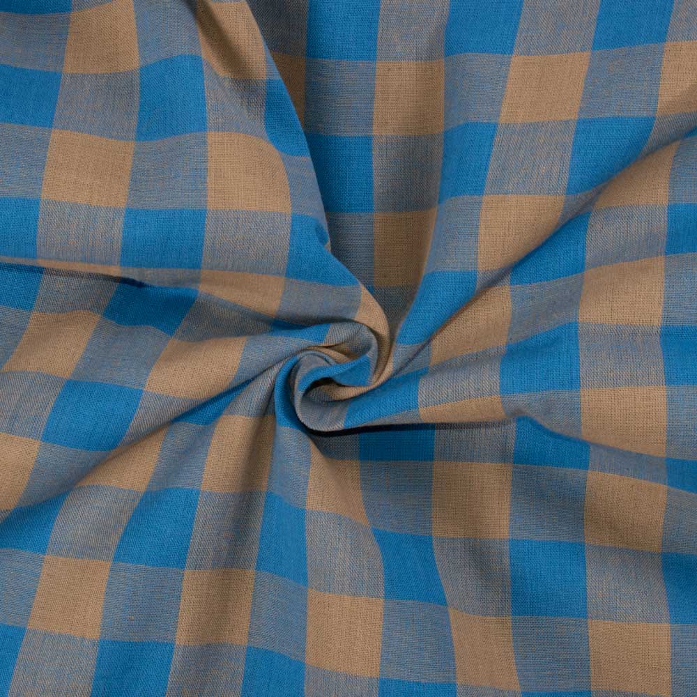 Check Tan and Blue Pure Cotton 95 GSM Handwoven Fabric