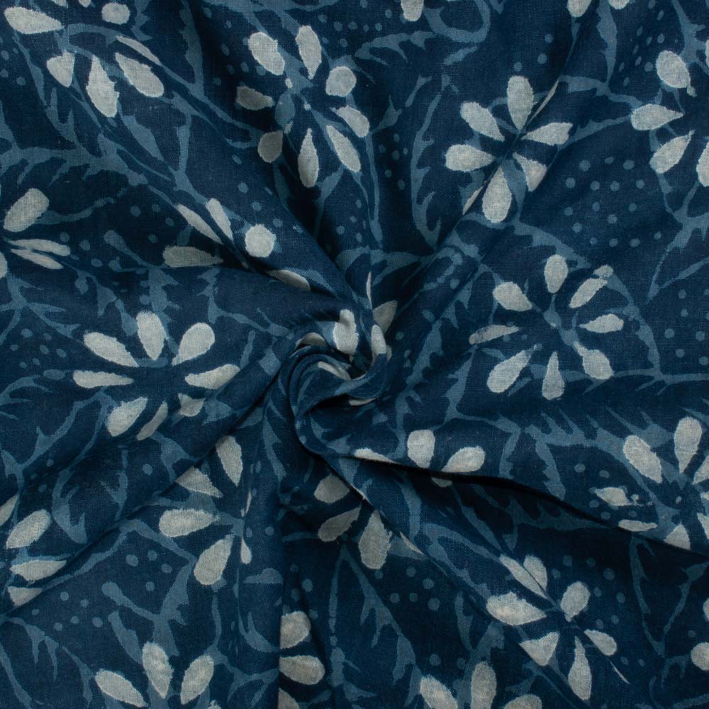 Natural Indigo Dyed With Block Ajrakh Print 103 GSM Khadi Handwoven fabric 