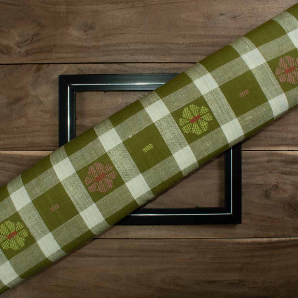 Check Olive and Cream Jamdani Pure Khadi 120 GSM Handwoven Fabric 