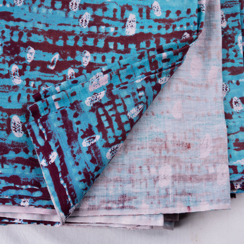 ABSTRACT BLUE SCREENPRINTED COTTON KHADI 125 GSM HANDWOVEN FABRIC