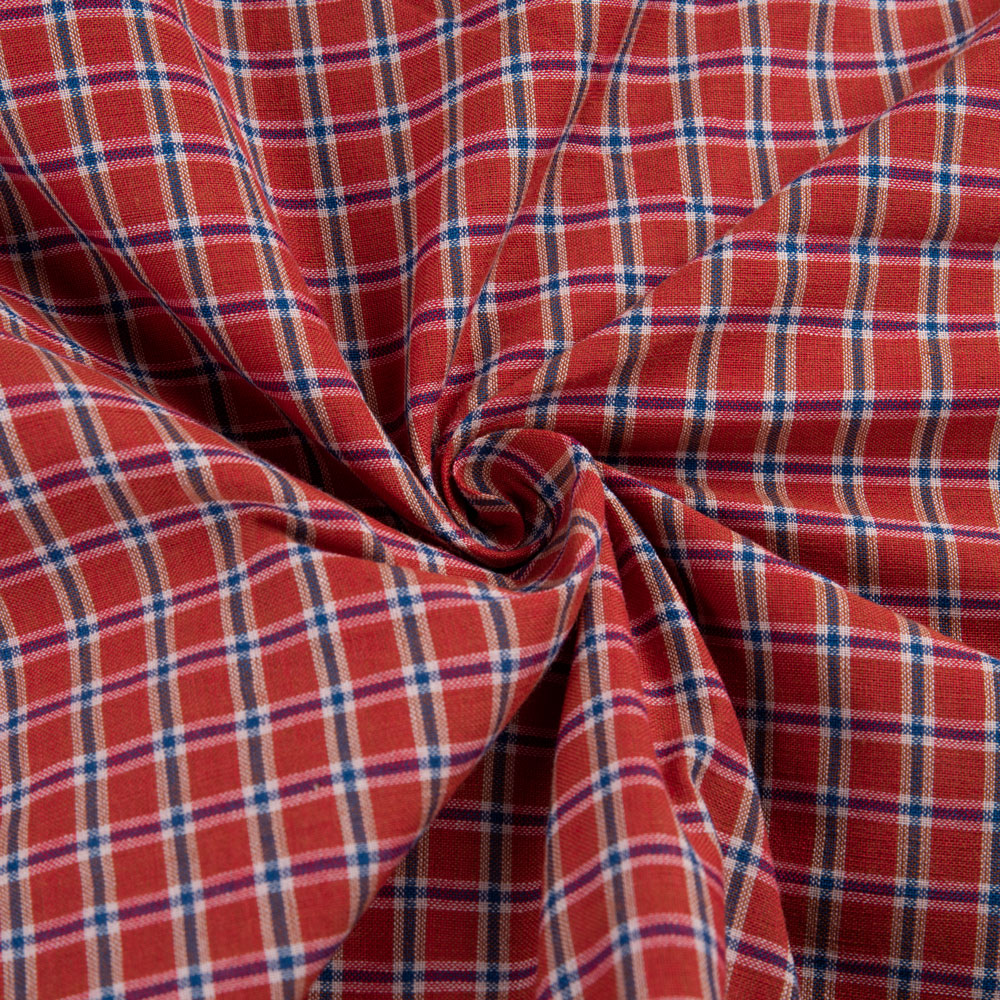 Check Red Blue Pure Cotton 86 GSM Handwoven Fabric