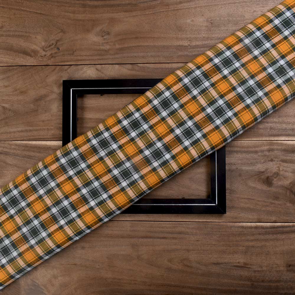 CHECK ORANGE & BLACK PURE COTTON 97 GSM HANDWOVEN FABRIC