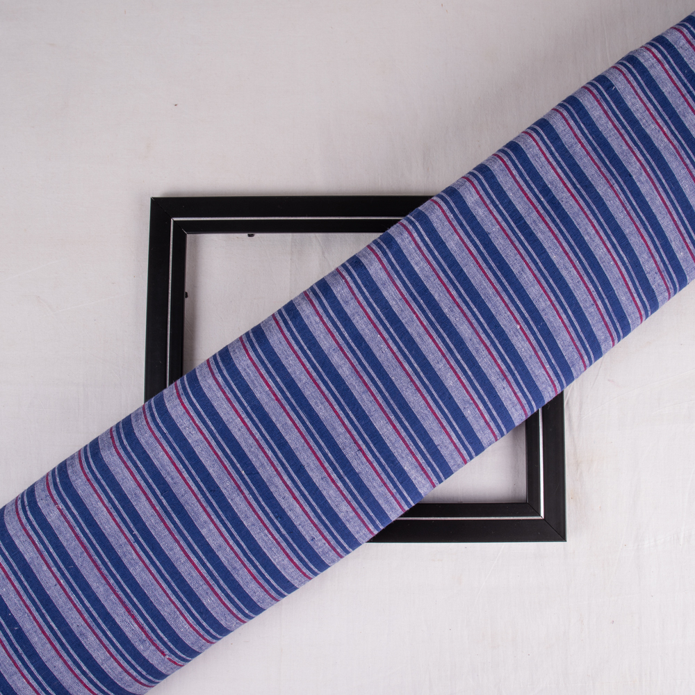 Stripe Indigo & Red Khadi Fabric - 134 GSM Handspun & Handwoven