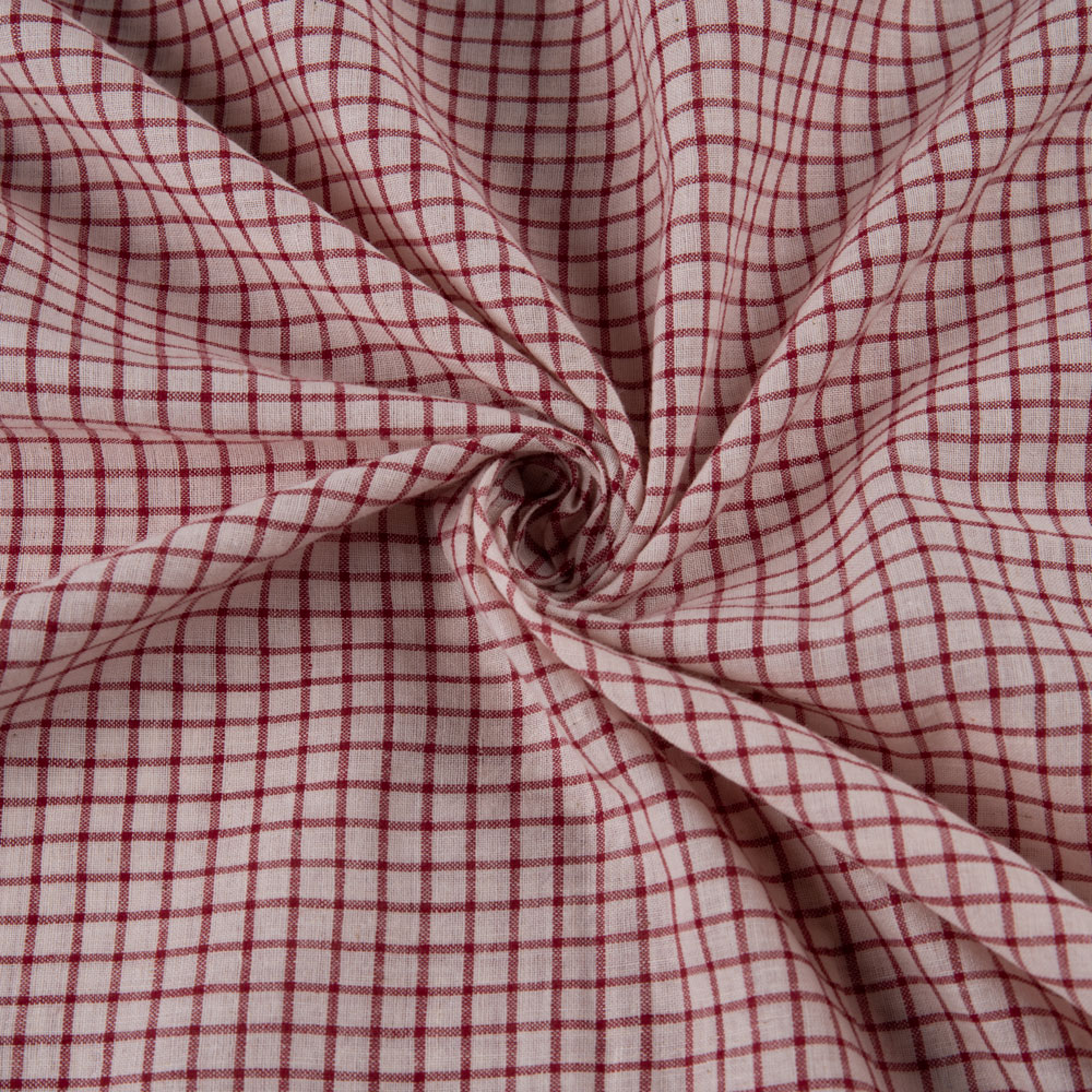 Check Red & White Pure Cotton 67 GSM Handwoven Fabric