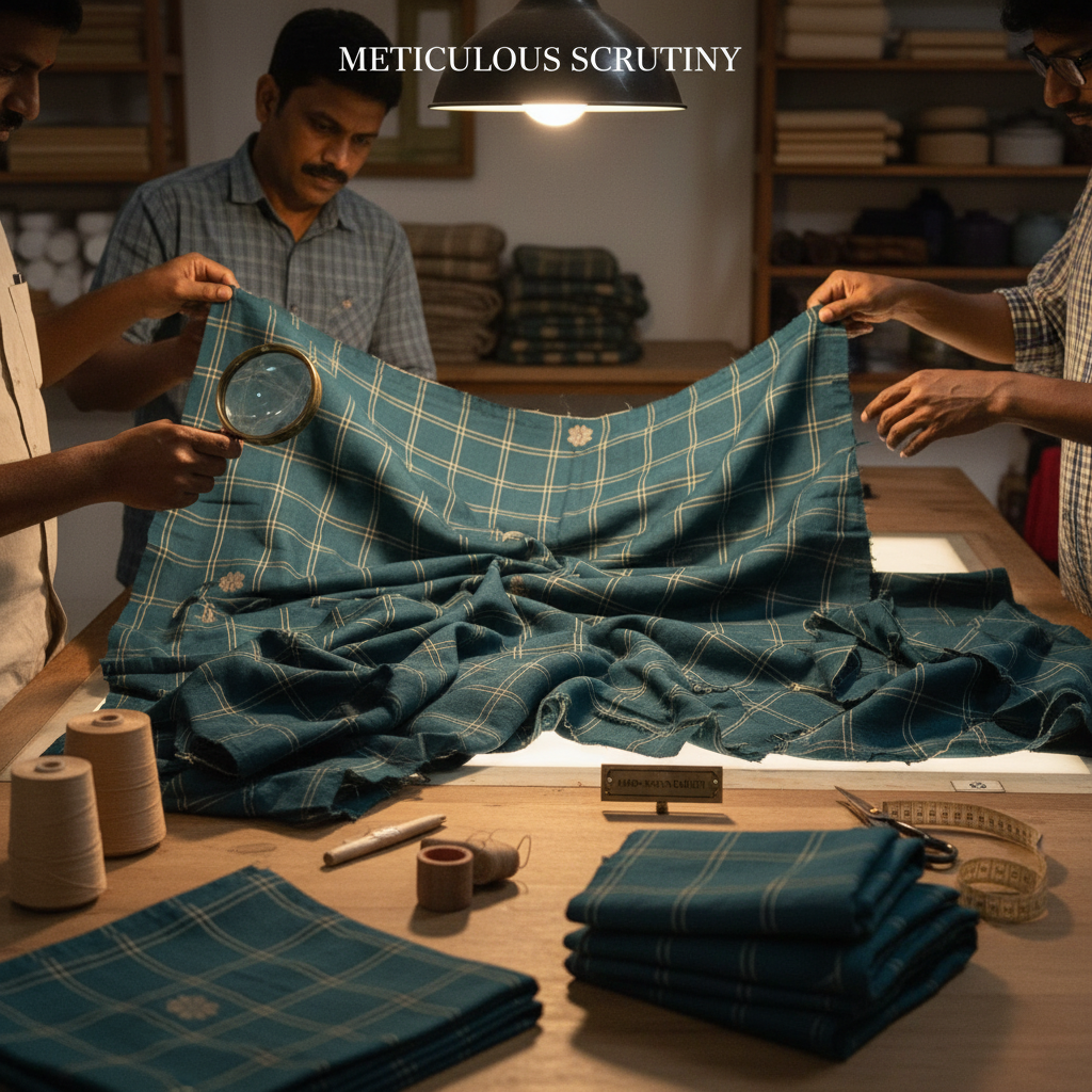 Inspection of handwoven jamdani fabric for consistency and motif alignment