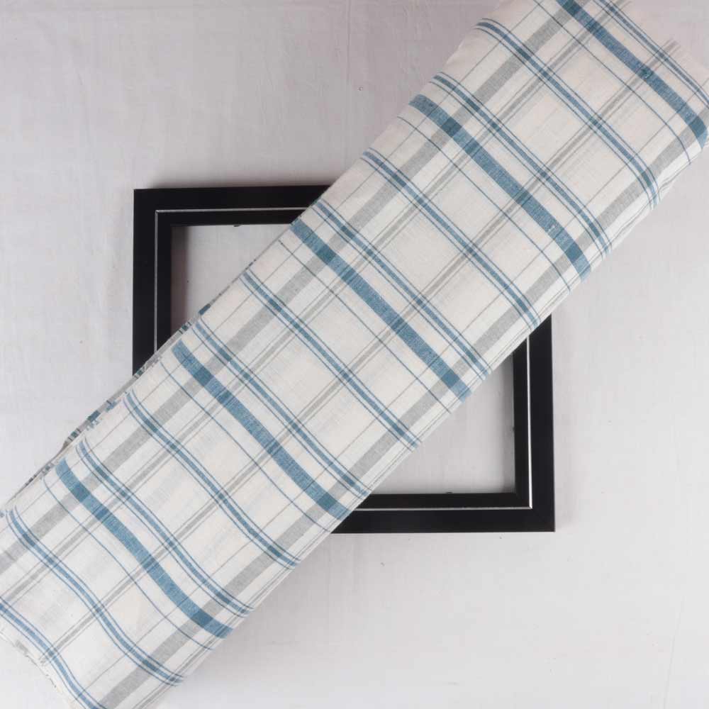 Check Blue Grey & White Khadi Fabric - 106 GSM Handspun & Handwoven