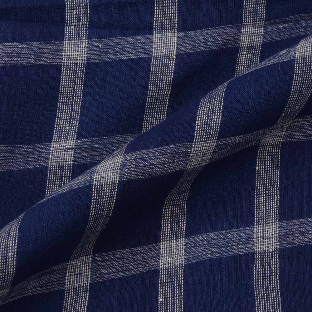 CHECK DARK BLUE & WHITE PURE COTTON 88 GSM HANDWOVEN FABRIC