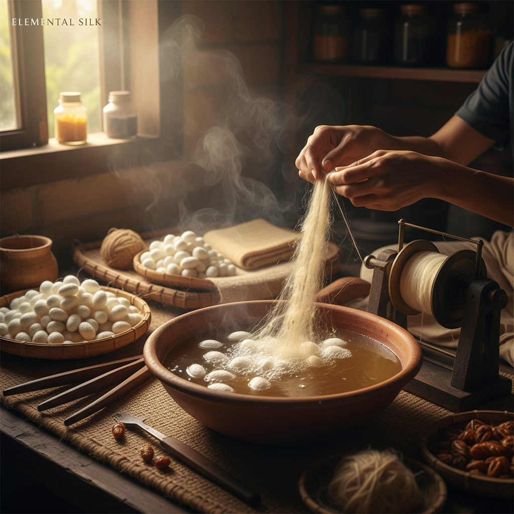 Silk cocoon anatomy: fibroin strands and sericin gum for raw silk vs mulberry silk comparison.