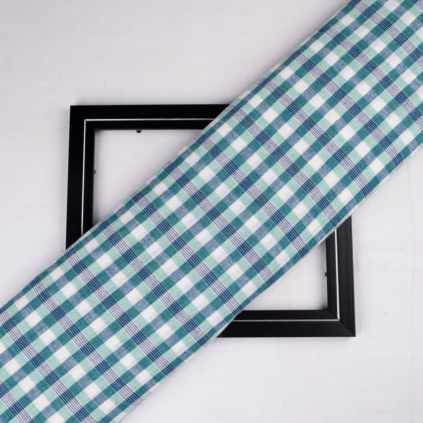 Check Teal and Green Pure Khadi 111 GSM Handwoven Fabric