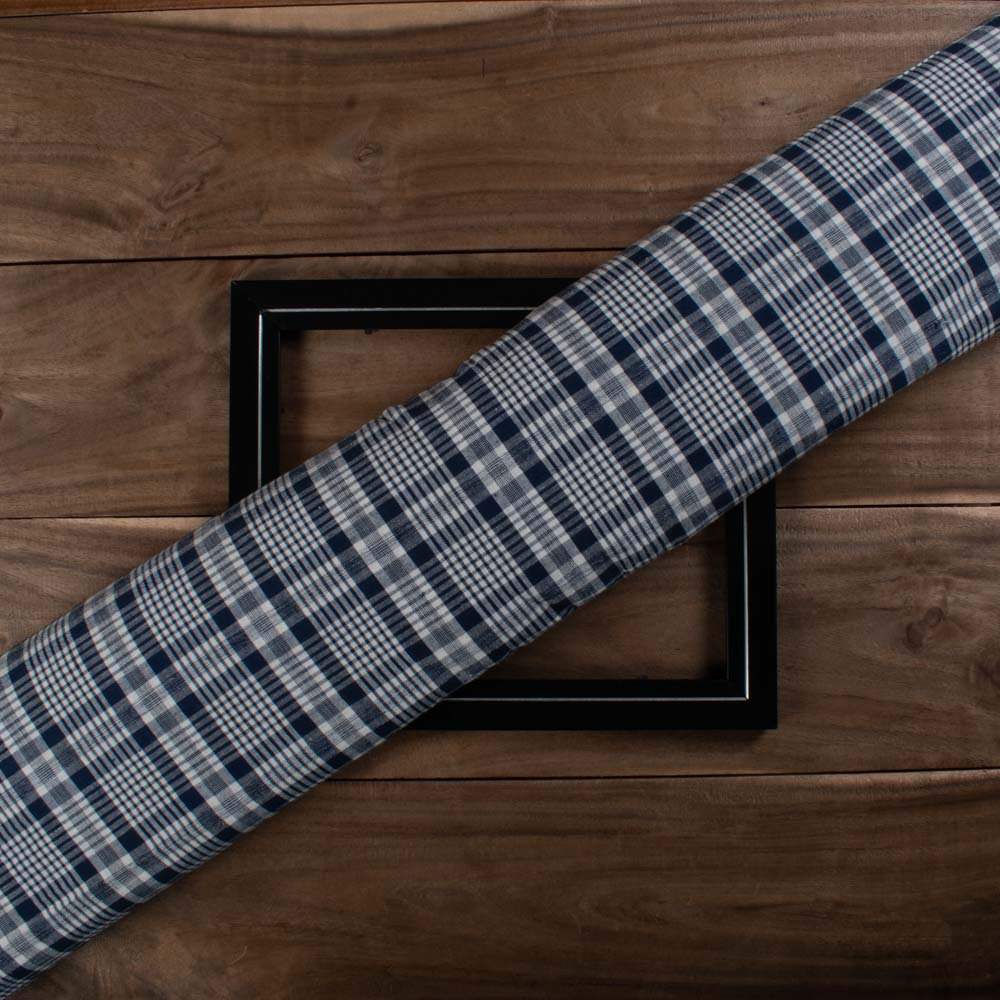 Blue & White Check Pure Cotton 100 GSM Handwoven Fabric 799