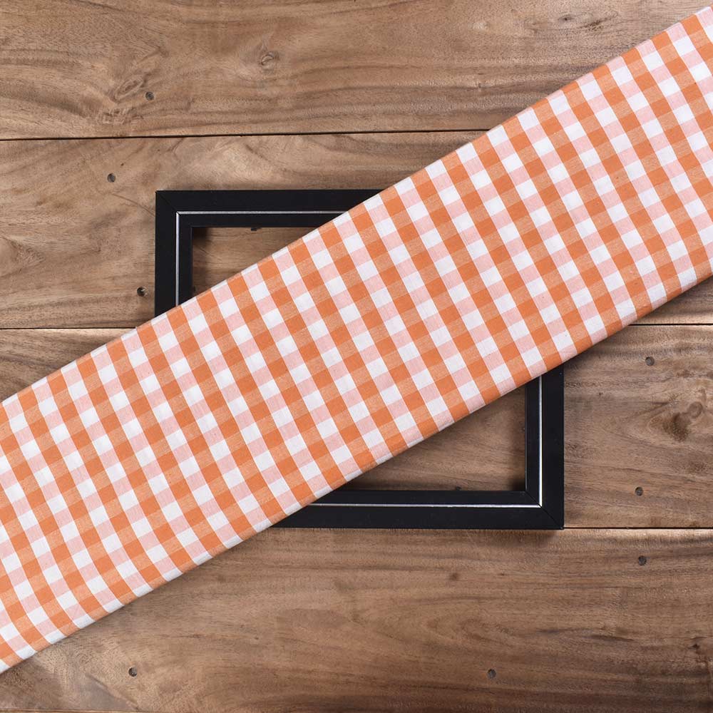 Check Orange & White Pure Cotton 96 GSM Handwoven Fabric