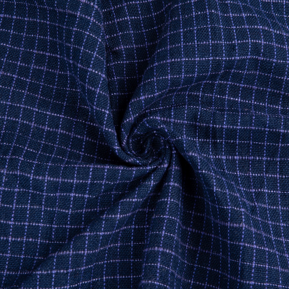 Check Dark Blue Khadi Fabric - 200 GSM Handspun & Handwoven