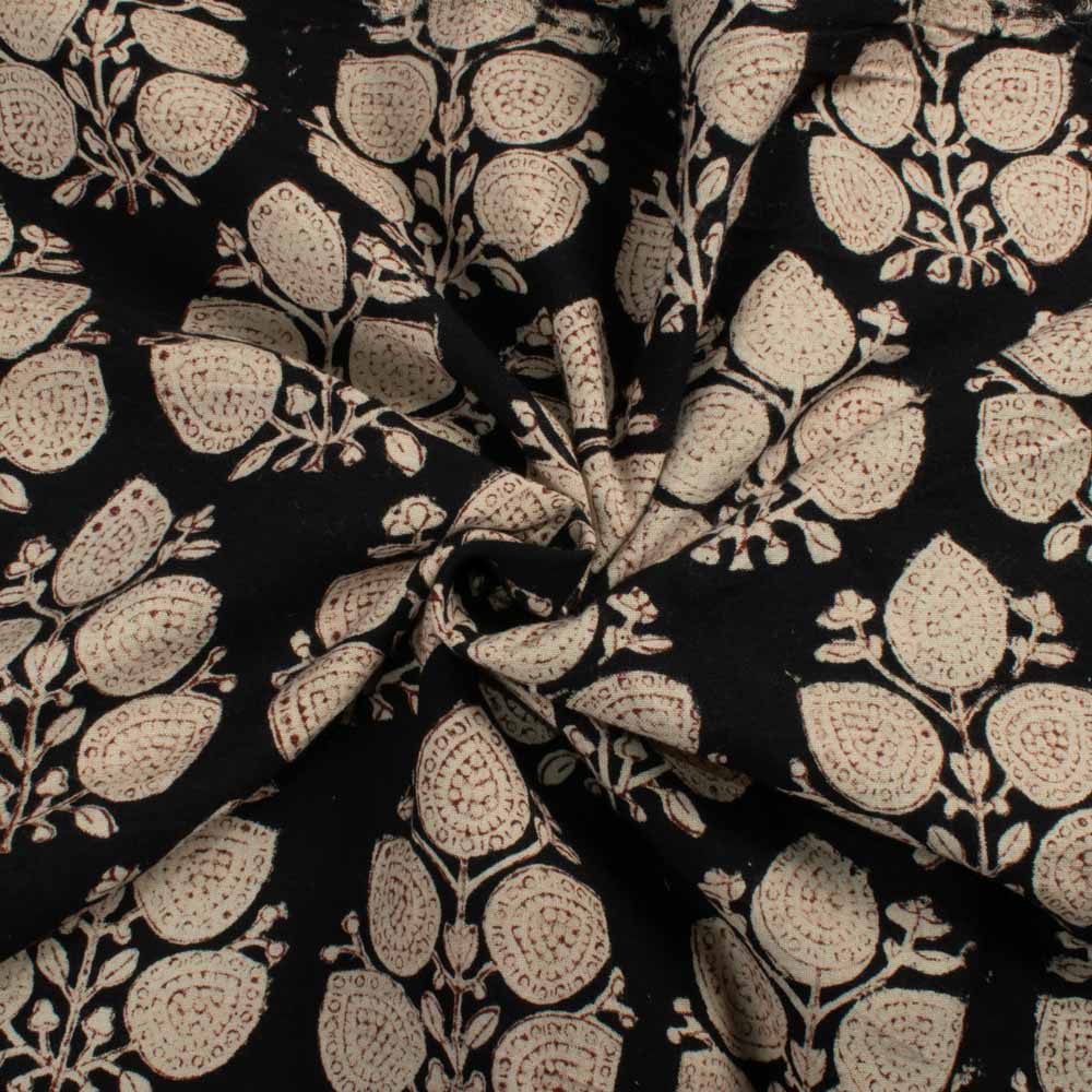 Natural Marigold Cream With Natural Iron Rust & Jaggery  Black Block Print Pure Khadi Natural Dye 128 GSM fabric 