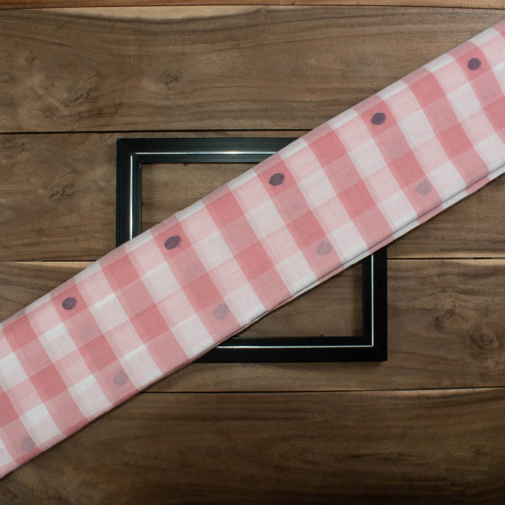 Check White Pink Jamdani Pure Cotton 55 GSM Handwoven Fabric 341