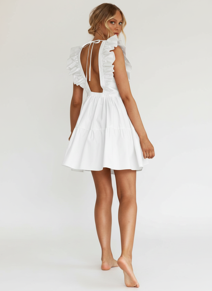 Rufles & Gathers Backless Dress With Back Tie