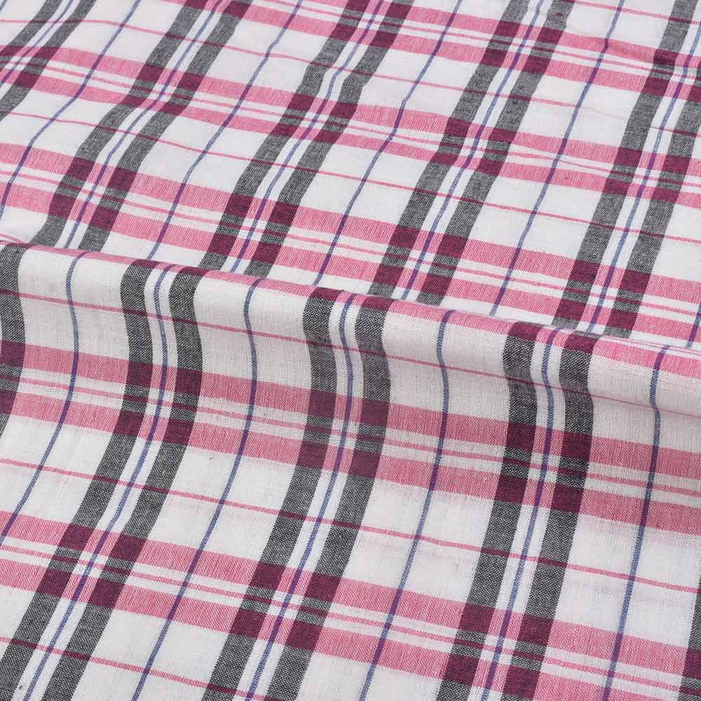 CHECK WHITE PINK & BLACK PURE COTTON 98 GSM HANDWOVEN FABRIC