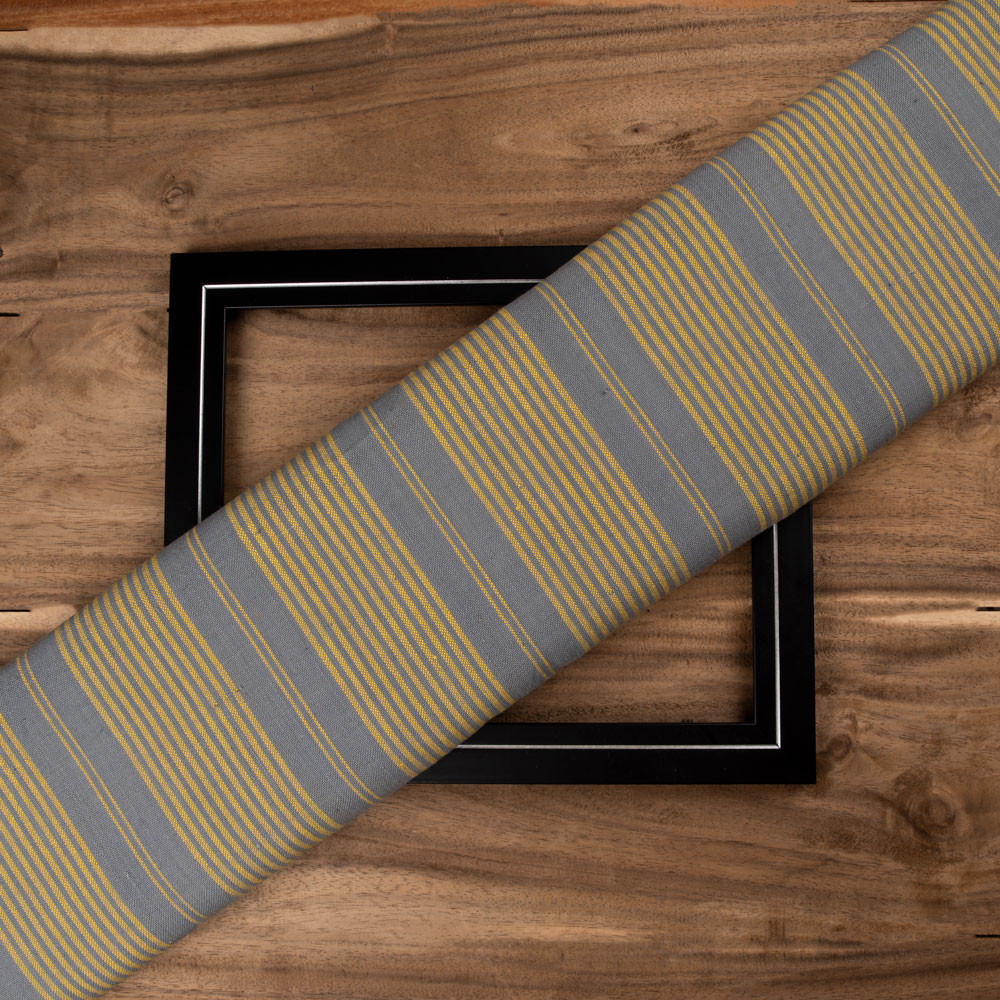 Stripe Yellow & Grey Pure Khadi 191 GSM Handspun & Handwoven Fabric