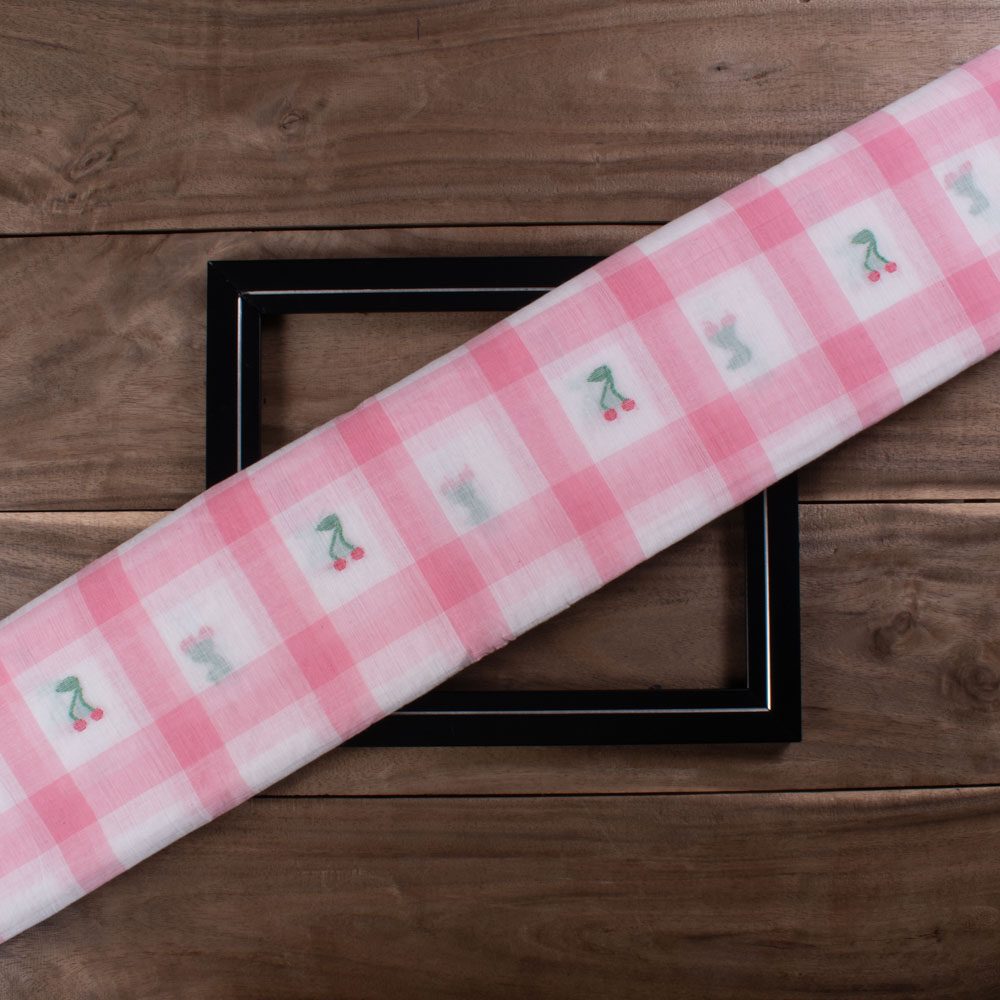 Check Pink White Pure Cotton 55 GSM Cherry Jamdani Fabric