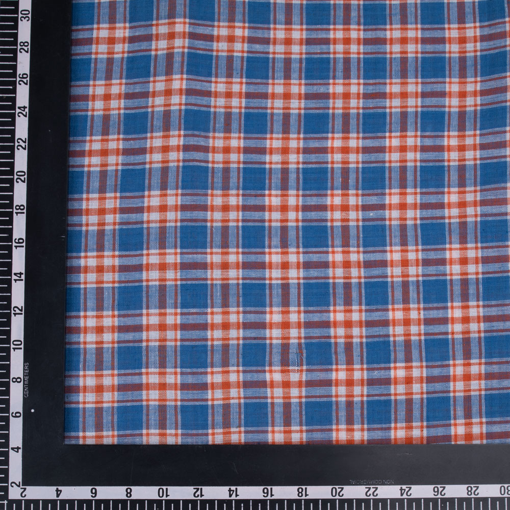 CHECK BLUE & ORANGE PURE COTTON 96 GSM HANDWOVEN FABRIC
