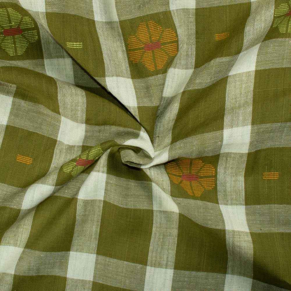 Check Olive and Cream Jamdani Pure Khadi 120 GSM Handwoven Fabric 69